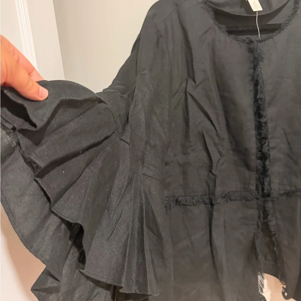 Chico's Linen Black Fringe Trim Bell-Sleeve Jacket - Picture 8 of 16